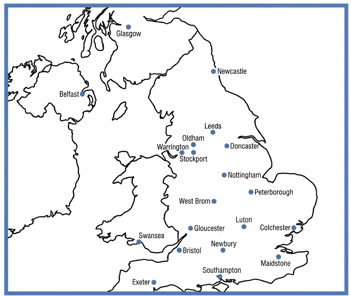 Map of Enterprise Transport Training's Transport Manager CPC exam centres across the UK
